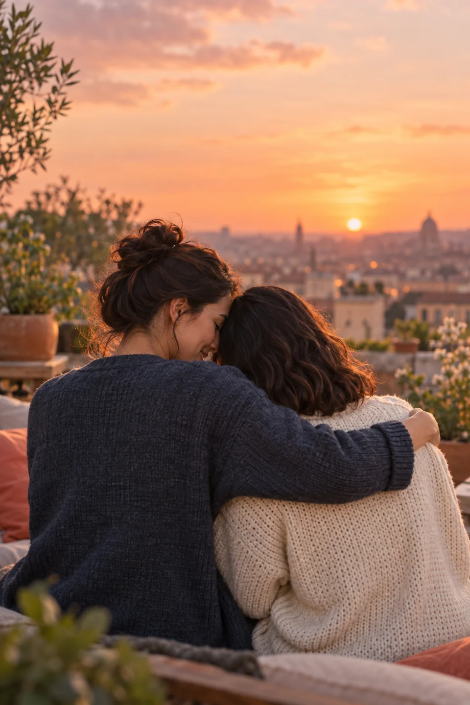Two women leaning into a warm, supportive embrace at sunset.